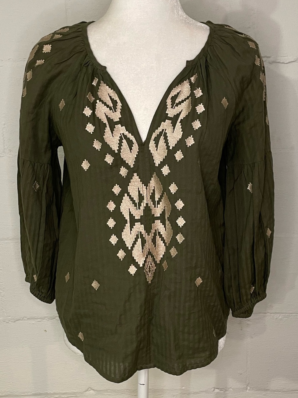 Velvet by Graham & Spencer Olive Peasant Top with Metallic Embroidery